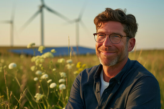 Renewable Energy Advocate with Wind Turbines, A content man stands before wind turbines, representing a commitment to renewable energy and sustainable practices.