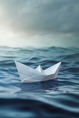 Paper boat navigating the ocean, crafted in the style of origami and digital art, symbolizing leadership