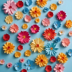 Fototapeta na wymiar Colourful handmade paper flowers on light blue background with copyspace in the center