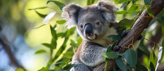 A koala, a terrestrial animal, perches on a tree branch, amidst a backdrop of grass and other terrestrial plants.