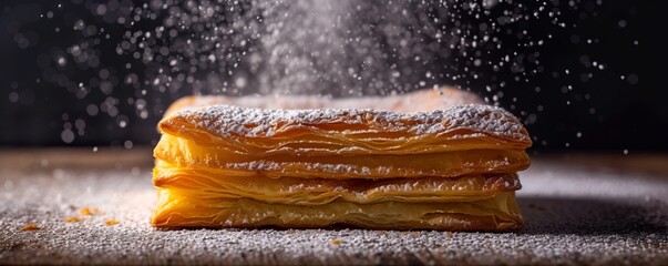 A delicate French pastry topped with caster sugar, close up.  - obrazy, fototapety, plakaty