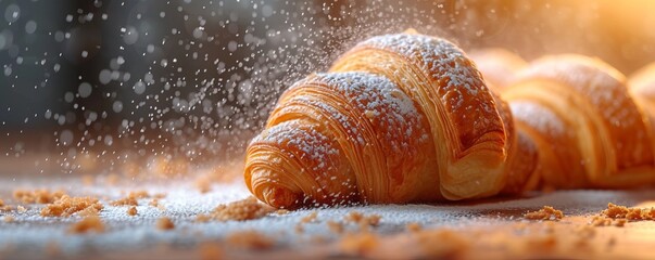 Naklejka premium Close up of freshly backed French croissant, with sugar powder. Close up, space for text. 