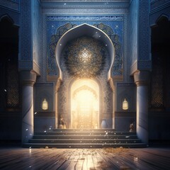 Beautiful Islamic style mosque interior. The mosque is decorated with Islamic patterns. - obrazy, fototapety, plakaty