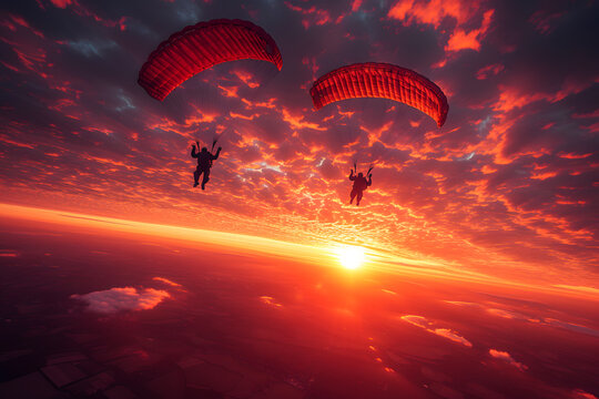 Paragliding concept, paraglider pilot fly in sky on beauty nature mountain landscape Crimea background, horizontal photo