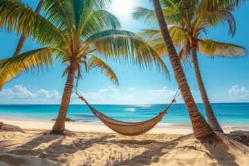 A hammock is stretched between palm trees against the backdrop of a beautiful golden sunny beach and blue ocean. AI generative
