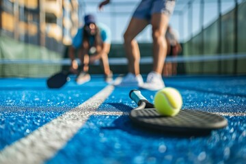 A couple engaged in a paddle tennis match on the court with a ball