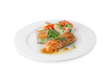 Grilled salmon steak on plate on white background