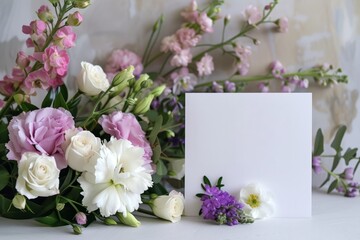 Beautiful bouquet with blank white envelope on table. Space for text. 