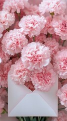 Pink carnations emerge from opened white envelope. 