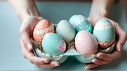 hand woman makes cute decorative eggs for easter holiday. cute pastel colored eggs - obrazy, fototapety, plakaty
