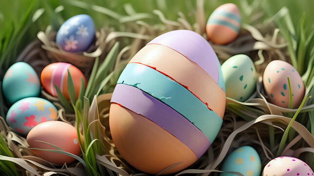 colorful pastel easter egg on field background, natural light day, text space