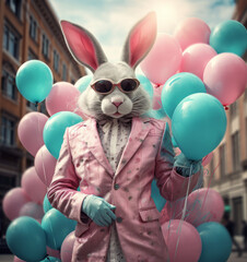 Easter bunny in coat and with a bouquet of balloons on the street in the city. Creative fashion concept