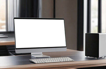 Blank screen desktop computer in minimalist  room with interior decorations and copy space