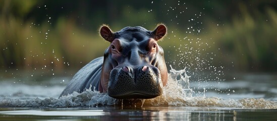 A happy hippopotamus swims in the fluid body of water, surrounded by natural landscape and grass. Its snout emerges in the lake, showcasing wildlife in a terrestrial animal's blissful moment. - Powered by Adobe