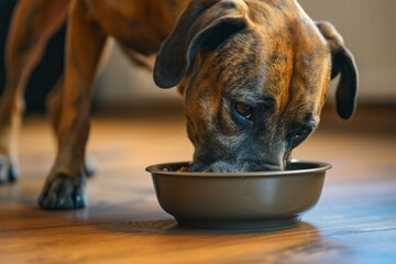 Hungry dog boxer on home interior background - Powered by Adobe