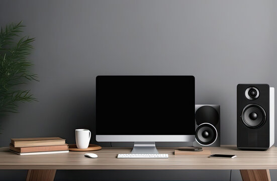 Blank screen desktop computer in minimalist  room with interior decorations and copy space