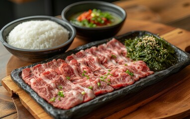 yakiniku with rice and soup and  salad on a wooden tray