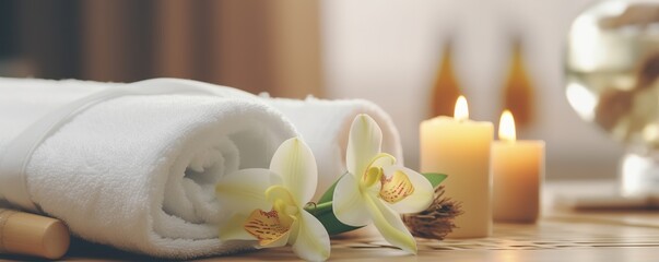 Fototapeta na wymiar The composition of spa accessories in hotels and beauty spas for self-care