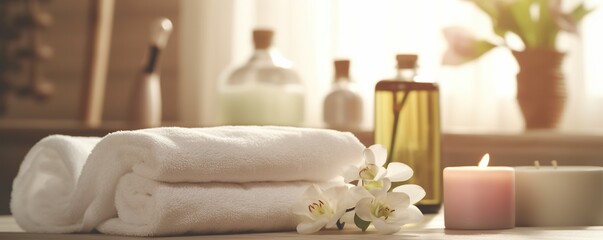 Fototapeta na wymiar The composition of spa accessories in hotels and beauty spas for self-care