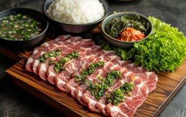 yakiniku with rice and soup and  salad on a wooden tray