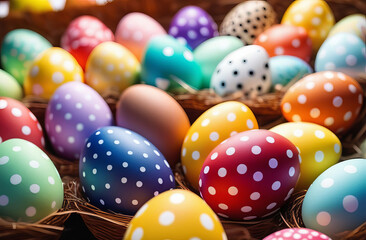 Fototapeta na wymiar Colorful Easter eggs background. Many decorated Easter eggs as background. Festive tradition. polka dots