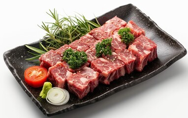 yakiniku with rice and soup and  salad on a wooden tray - obrazy, fototapety, plakaty