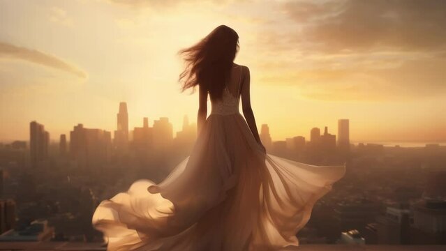 A woman stands on the rooftop of a urban city skyline. She takes a deep breath and looks off to the horizon her bright dress blowing