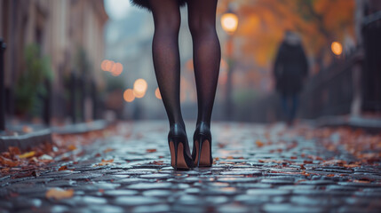 A woman in black leather high heels and fishnet stockings, strolls down a damp cobblestone street during autumn