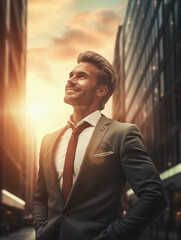 Happy wealthy rich successful business man standing in big city modern skyscrapers street on sunset thinking of successful future vision, dreaming of new investment opportunities 