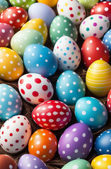 Fototapeta na wymiar Colorful Easter eggs background. Many decorated Easter eggs as background, top view. Festive tradition