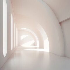 A bright white hallway flooded with sunlight, boasting a minimalist interior design characterized by smooth surfaces and an elegant archway.