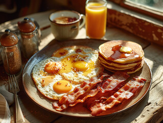 A cozy morning scene with a classic American breakfast. 