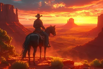 Fotobehang Baksteen cowboy in the fields at sunset