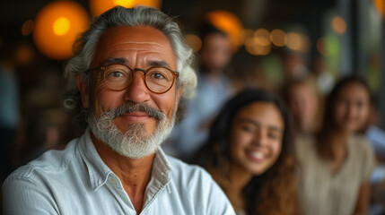 Smiling mature businessman sitting with colleagues in an office, multicultural, multiracial, multigenerational