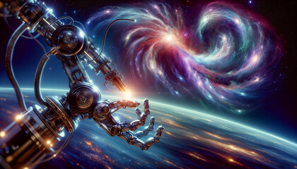 Highly detailed robotic arm in space station, surrounded by vibrant cosmic waves.