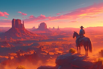 cowboy in the fields at sunset