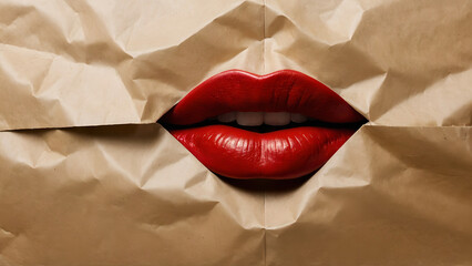 Woman's Lips Gracefully Unveiled against a Brown Background with fashionable red make-up. Beautiful female mouth, full lips with perfect makeup