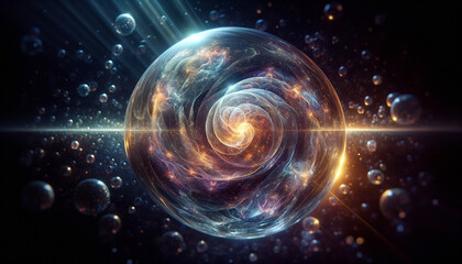 Obraz premium Converging Realities: Mesmerizing close-up of swirling galaxy within a crystalline sphere