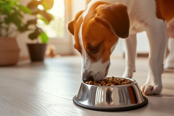 Dog eating food from metal bowl at kitchen. jack russell terier with dogs food