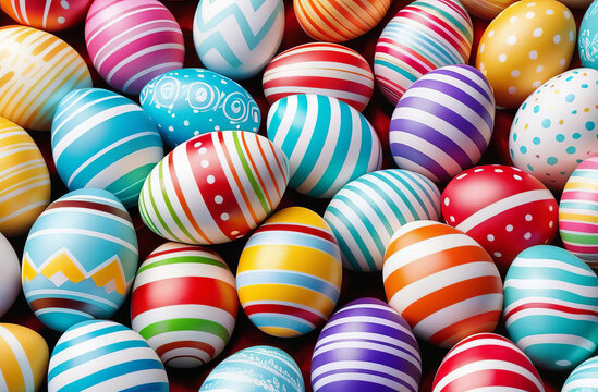 Colorful Easter eggs background. Many decorated Easter eggs as background, top view. Festive tradition