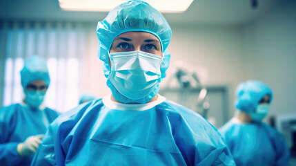 Emergency team of medical doctors with operating room background in hospital