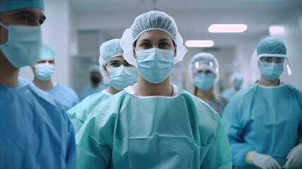 Fototapeta na wymiar Emergency team of medical doctors with operating room background in hospital