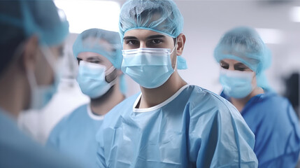 Fototapeta na wymiar Emergency team of medical doctors with operating room background in hospital