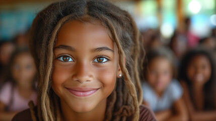 Portrait of mutiracial american girl writing in classroom at elementary school
