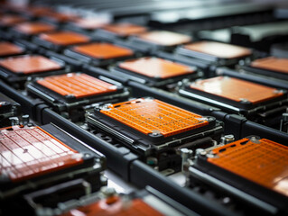 Mass production assembly line of electric vehicle battery cells close-up view 