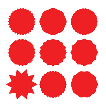 Set of vector red starburst, sunburst badges. Simple flat style vintage labels.  Special offer price tag. Red starburst promotional badge set.