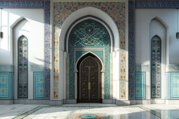Illustration of a beautiful mosque entrance. The mosque is decorated with Islamic patterns.