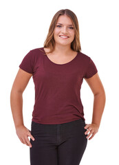 Fototapeta premium Fashion, happy and portrait of woman in studio with stylish, casual and trendy outfit and makeup. Smile, confident and beautiful female person with style and cosmetic face by white background.