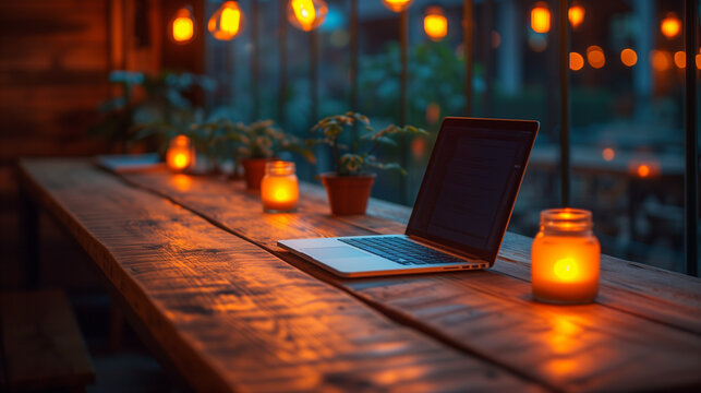 A modern laptop stands on a table. Mockup for your advertising on a monitor, laptop against a blurred background of an office, coworking space, cafe