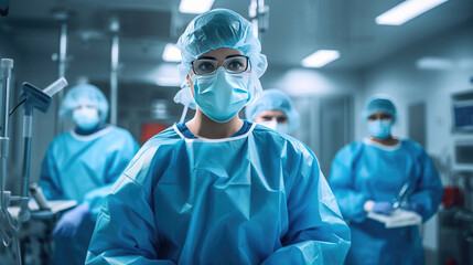 Emergency team of medical doctors with operating room background in hospital